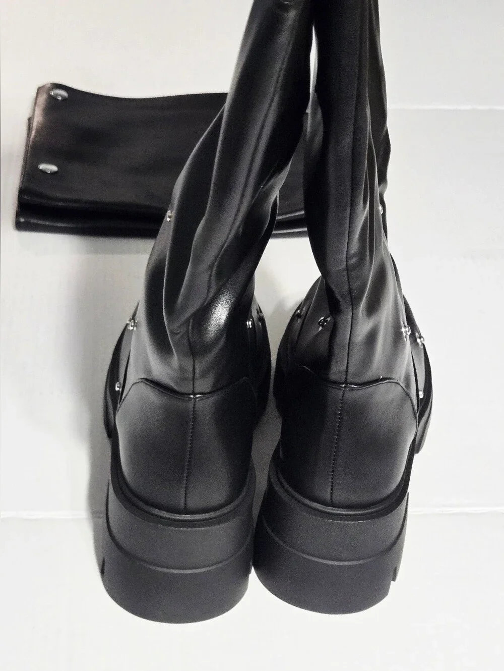 Size 7.5 Black Platform Boots w/ Removable Snap-On Wrap Panels Chunky Lug Sole